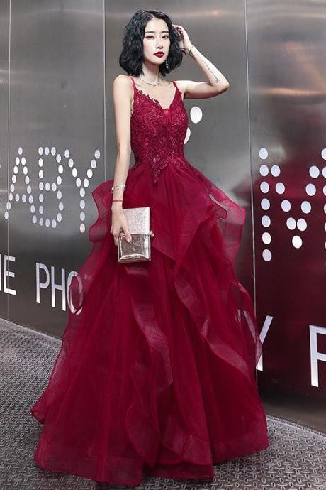 Hand Made Custom Lace Applique V-neckline Long Straps Wine Red Formal Dress Dark Red Prom Dresses Sa1446