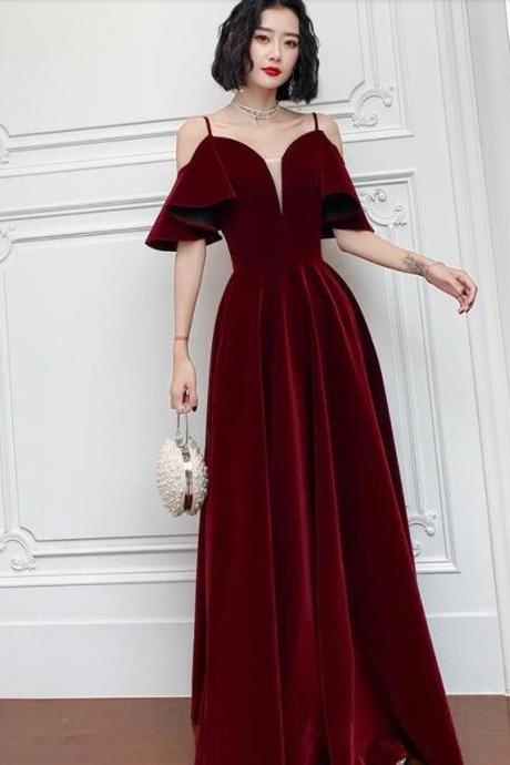 Wine Red Velvet Straps V-neckline Long Party Dress Evening Dress A-line Burgundy Formal Dresses Sa1452