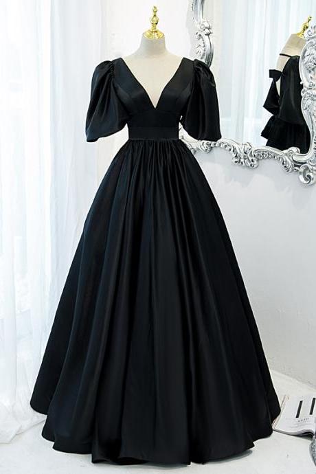 Black Satin Short Sleeves Hand Made Floor Length Party Dresses, Black Formal Dresses Sa1454