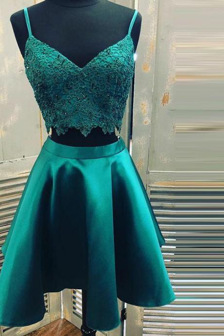 Two Piece Green Short Straps Lace And Satin Homecoming Dress Formal Dress Short Prom Dresses Sa1458