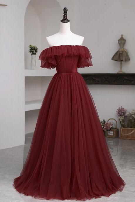 Wine Red Off Shoulder Formal Dress Tulle Long Evening Dress Prom Dress, Tulle Party Dresses Sa1460