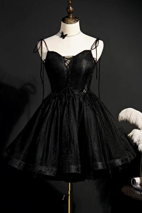 Tulle Black Short Straps Knee Length Homecoming Dress Formal Dress Black Short Prom Dress Sa1461
