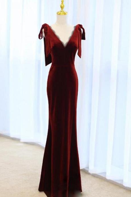 Wine Red V-neckline Velvet Beautiful Wedding Party Formal Dress A-line Floor Length Evening Dress Sa1462