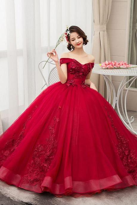 Off The Shoulder Luxury Lace Party Quinceanera Dresses Sweet 16 Dress Formal Dress Wine Red Tulle Ball Gown Prom Dress Sa1463