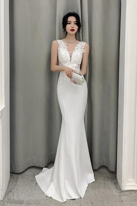 White Mermaid Long Prom Dress Formal Dress Evening Dress Sa1466