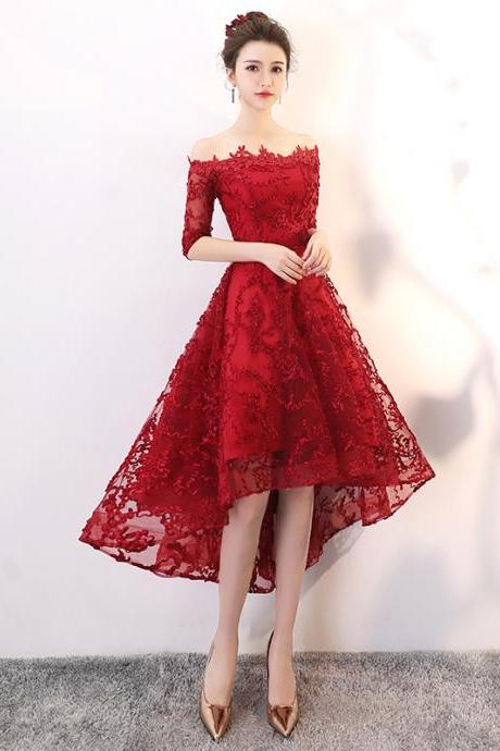 Wine Red High Low Prom Dress Homecoming Dress Half Sleeve Formal Dress, High Low Party Dress Sa1468