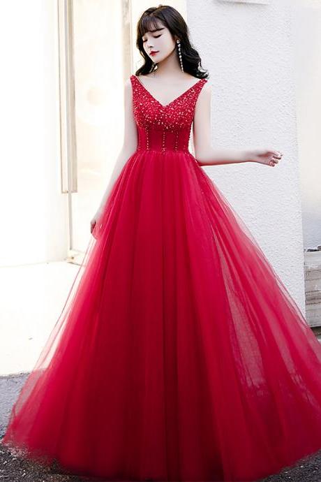 Red Tulle Beaded V-neckline A-line Long Evening Dress Formal Party Dress Red Prom Gown Sa1471