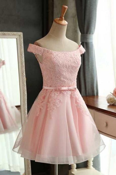 Pink Lace Applique Bridesmaid Dress,formal Dress,lace Up Back Homecoming Dress With Sash Sa1476