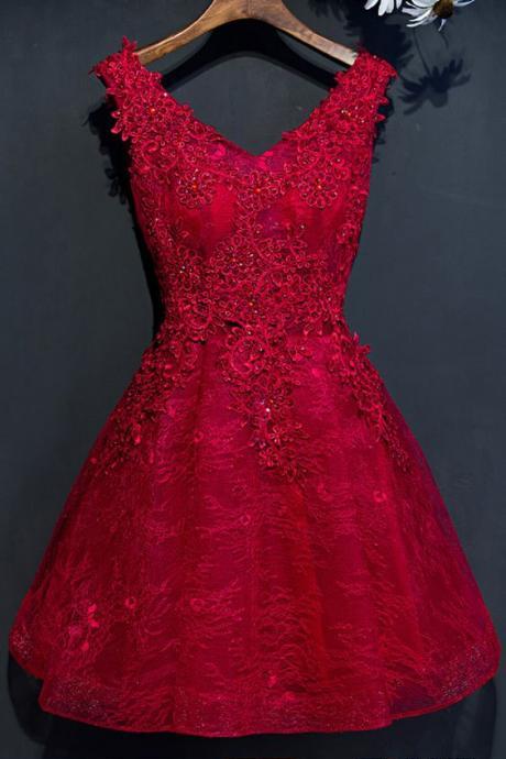 Red V Neck Lace Short Party Formal Dress Prom Dress Sa1478