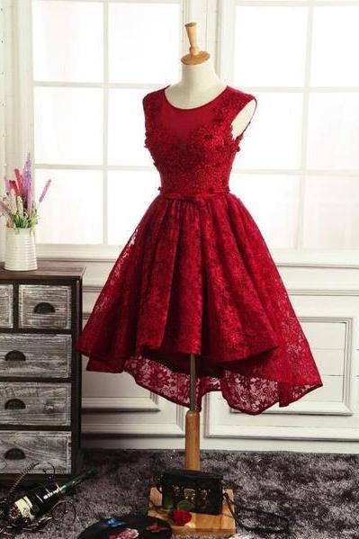 Wine Red Round Neckline Lace High Low Homecoming Dress Evening Dress High Low Formal Dress Sa1497