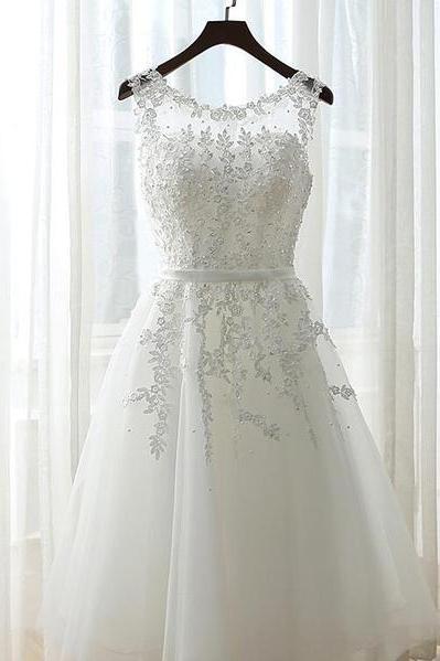Hand Made Custom White Simple Tea Length Round Neckline Wedding Party Dress Formal Dress Prom Dress Sa1499