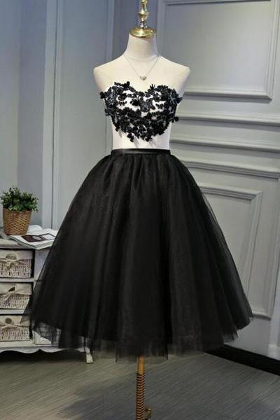 Black Tea Length Round Neckline Tulle Party Dress Formal Dress Homecoming Dress Sa1505