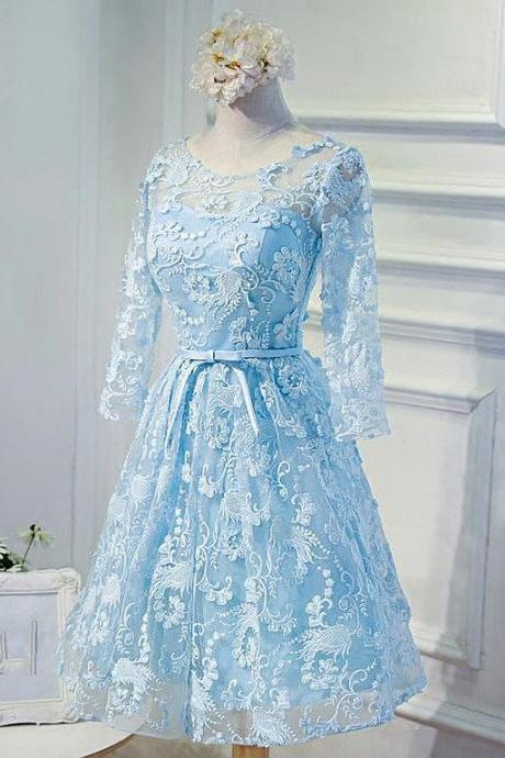 Custom Lace Round Neckline Short A-line Homecoming Dresses With Bowknot Formal Dress Short Prom Dress Sa1520