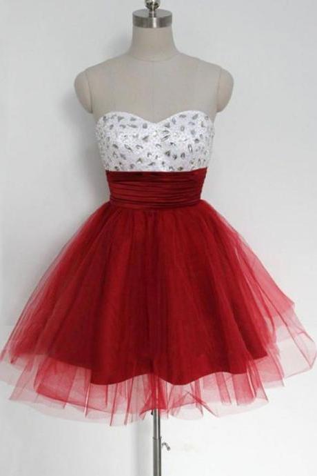 Red And White Tulle Beaded Short Party Dress Formal Dress Sweetheart Prom Dress Sa1530