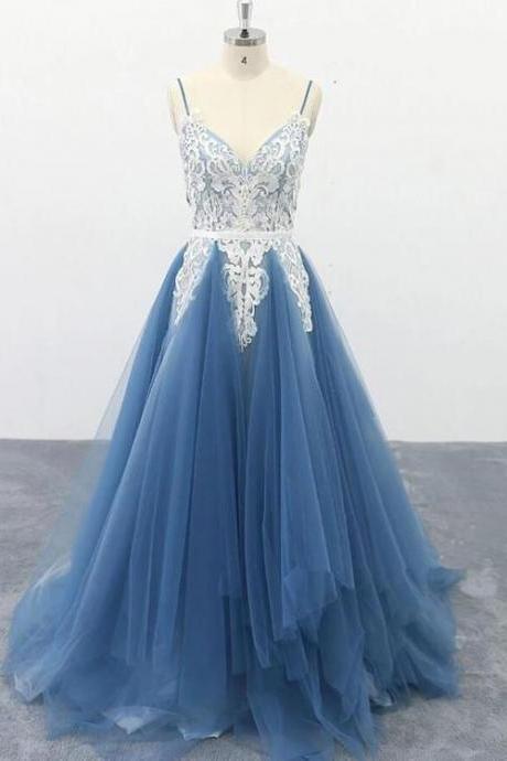 Blue Straps Long Tulle With Lace Backless Evening Gown Prom Dress Long Formal Dress Sa1532
