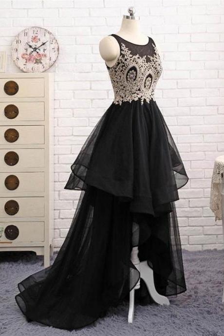 Custom Black High Low Tulle Party Dress With Applique Black Formal Dresses Homecoming Dress Sa1536