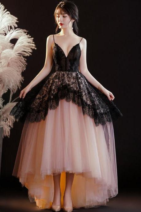 Pink And Black Tulle With Lace V Neck Formal Dress High Low Party Dress Prom Dress Sa1540