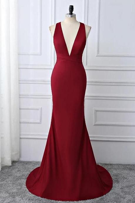 Wine Red Sexy Cross Back Mermaid Long Party Dress Formal Dress Dark Red Evening Gown Sa1542