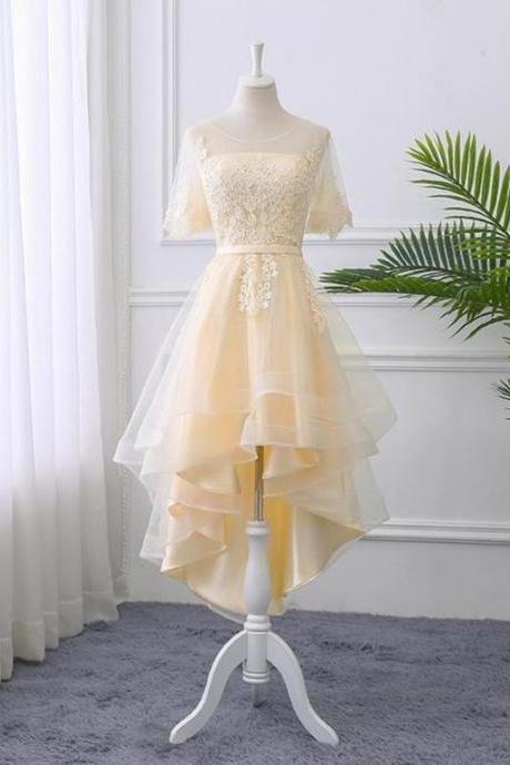 Light Champagne High Low Party Dress With Lace Applique Custom Made Short Homecoming Dress Sa1543