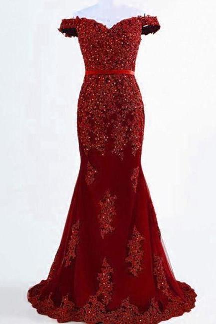 Off Shoulder Burgundy Lace Prom Dresses Hand Made Custom Burgundy Lace Formal Dresses Sa1545