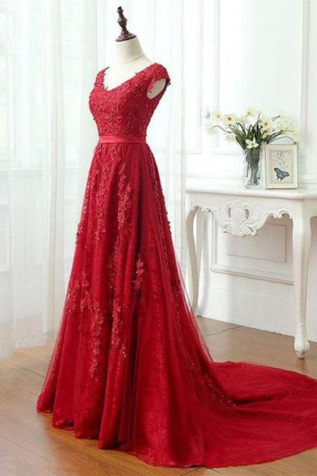 A Line Cap Sleeves Burgundy Lace Prom Dress With Appliques Formal Dress Evening Dress Sa1546