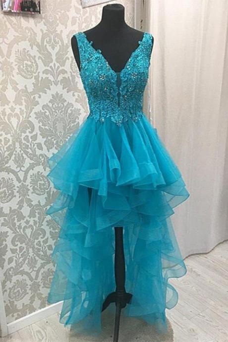 Blue High Low V-neck Tulle Prom Dresses Formal Dress Custom Sa1553