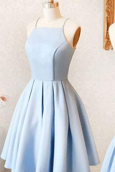 A-line Blue Short Satin Homecoming Dress With Pleats Formal Dress Sa1554