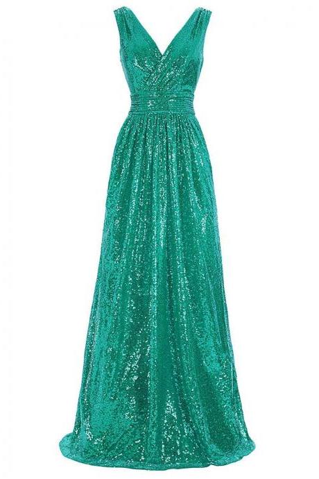 Green V Neck Sequined Sleeveless Formal Dress Floor-length Prom Dresses Sa1556