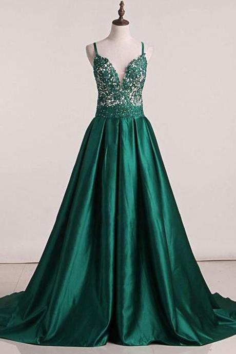 Custom Made Green Sweep Train Satin Open Back Lace Formal Dress Prom Dresses Sa1563
