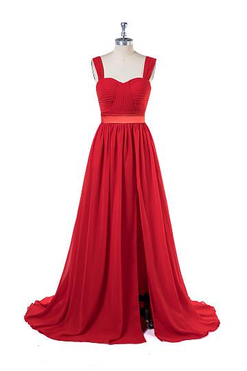 Red Scoop Neck Floor-length Chiffon Prom Dresses Formal Dress With Front High Slit Sa1566