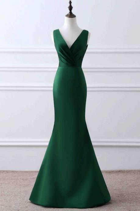 Green Matte Satin V-neck Mermaid Formal Dress Evening Dress,custom Made Sa1571