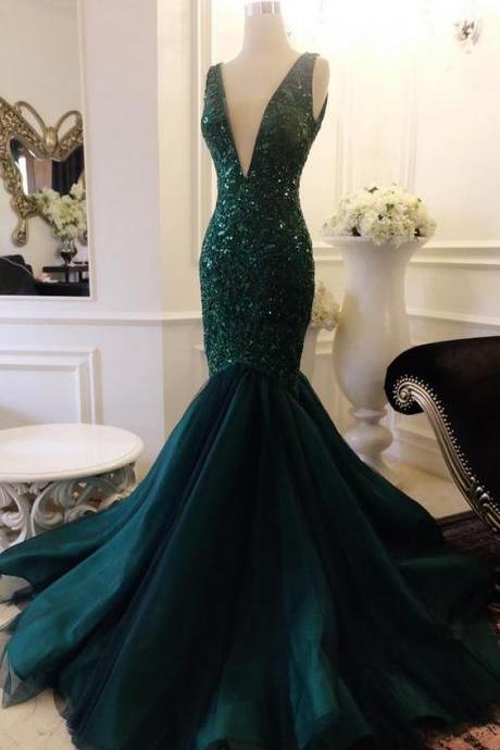 Mermaid V Neck Prom Dress With Sequin Appliques Lace Formal Dress Evening Dress Sa1573