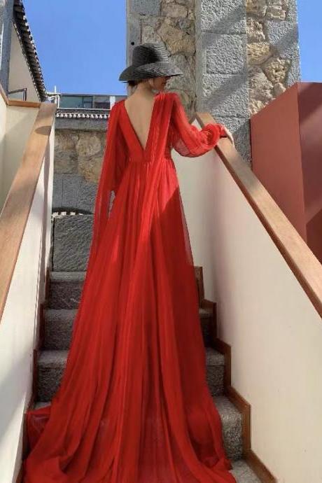 Red Chiffon Backless Dress Long Sleeve Dress, Full-length Formal Dress Sa1582