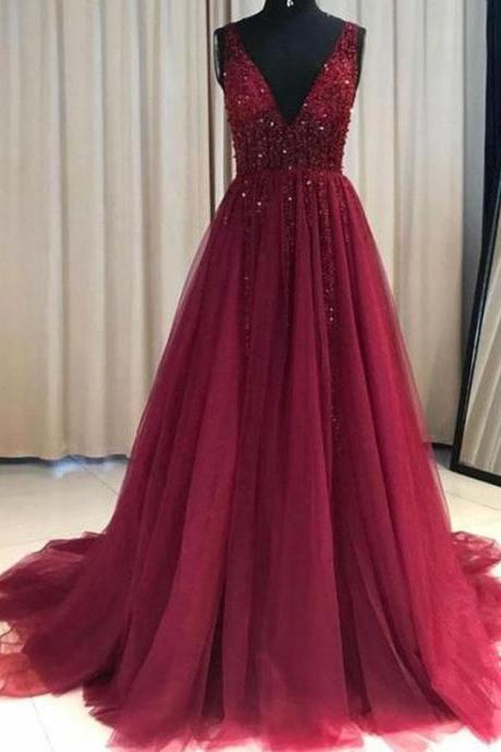 Red A-line V-neck Sleeveless Evening Prom Dress Sweep/brush Train With Ruffles Tulle Formal Dresses Sa1586
