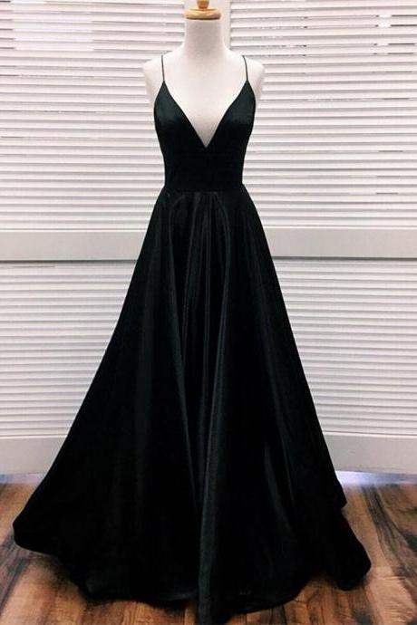 A Line V Neck Black Satin Long Prom Dresses Formal Dresses Evening Dresses Sa1590