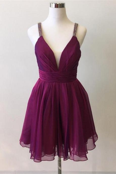 V Neck Purple Chiffon Short Prom Dresses Formal Dress Homecoming Dresses, Sa1591