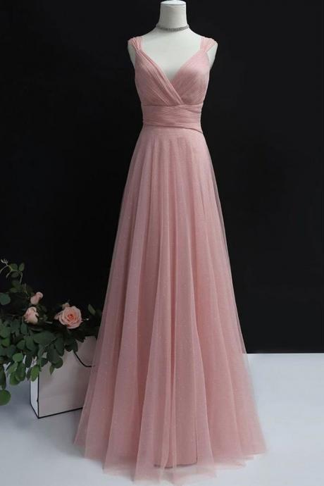 A Line V Neck Pink Tulle Long Prom Dress Formal Dress Bridesmaid Dress Sa1592