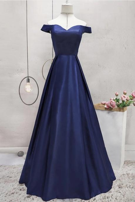 Off Shoulder Blue Satin Long Prom Dress Formal Dress Evening Dress Sa1594