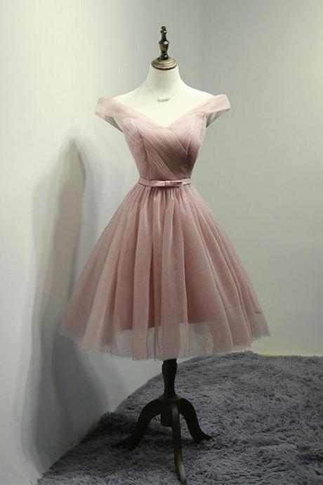 Simple V Neck Tulle Off Shoulder Short Prom Dress Pink Formal Dress Homecoming Dress Sa1599