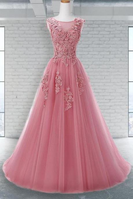 Pink Sleeveless Floor-length With Applique Tulle Prom Dresses Formal Dress Sa1600