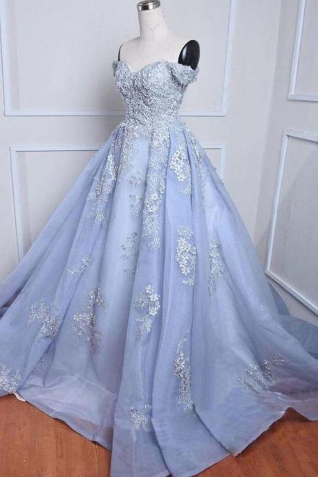 Blue Tulle Off Shoulder Long Quinceanera Dress Formal Dress Evening Dress Sa1603
