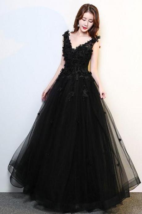 Black A Line Tulle Lace Tulle Long Prom Dress Formal Dress Evening Dress Sa1608