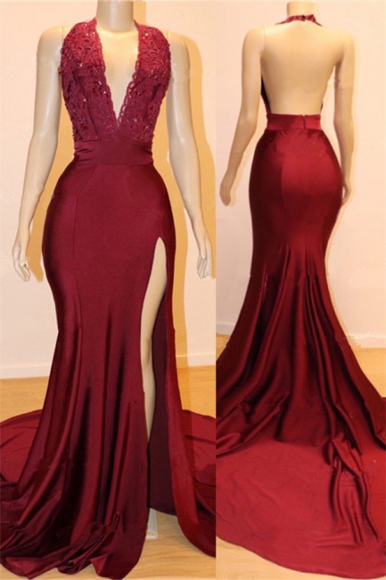 Red Halter Bungurdy Lace Beaded Front Slit Mermaid Prom Dresses Formal Dress Sa1623