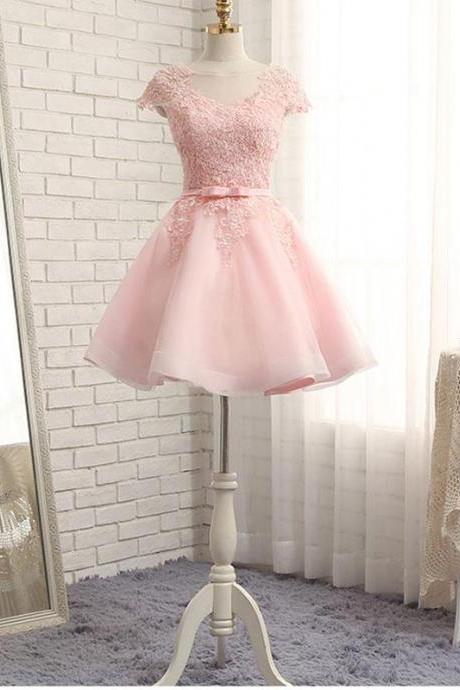 Pink A Line Lace Short Prom Dress Formal Dress Homecoming Dresses Sa1625