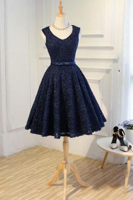 Navy Blue Lace Short Prom Dress, Formal Dress Homecoming Dress Sa1626