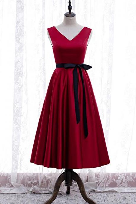 Red V Neck Satin Burgundy Short Prom Dress Formal Dress Bridesmaid Dress Sa1628
