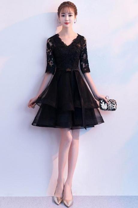 V Neck Lace Tulle Short Prom Dress Formal Dress Black Homecoming Dress Sa1629