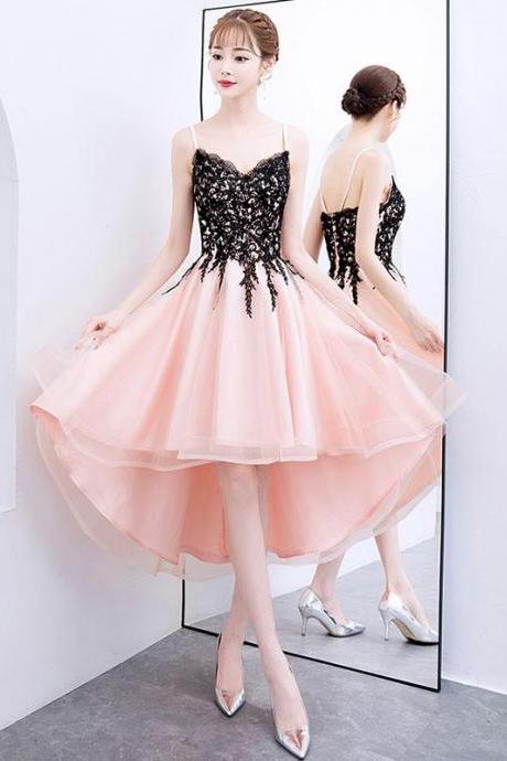 Pink V Neck Tulle Lace Short Prom Dress Formal Dress Pink Homecoming Dress Sa1630