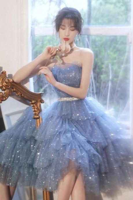 Blue Tulle Sequin Short Prom Dress Blue Formal Dress Sa1640