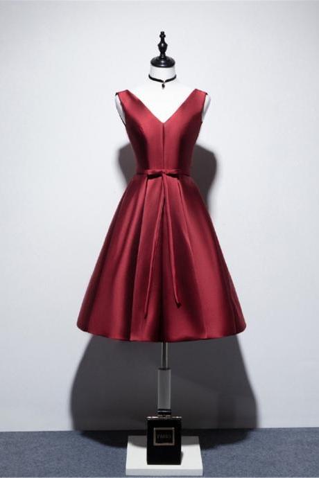 V-neck Burgundy Prom Dress,burgundy Short Formal Dress Satin Evening Dress Sa1645